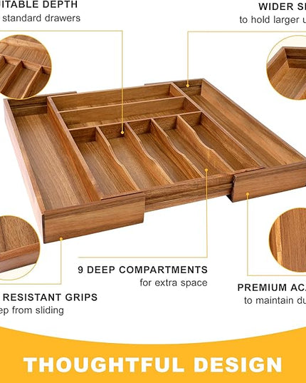 Large Premium Acacia Silverware Organizer - Expandable Drawer Organizer & Utensil Organizer - 17"x19.7" Cutlery Tray with Dividers for Kitchen Utensils and Flatware (7-9 Slots) Acacia