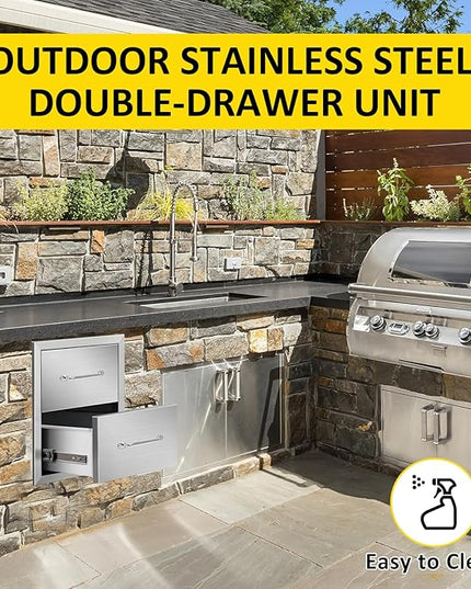 Outdoor Kitchen Drawers 14" W x 15" H x 23" D Flush Mount Double BBQ Drawers with Chrome Handle Stainless Steel Drawer for Outdoor Kitchen Island, Patio Grill Station