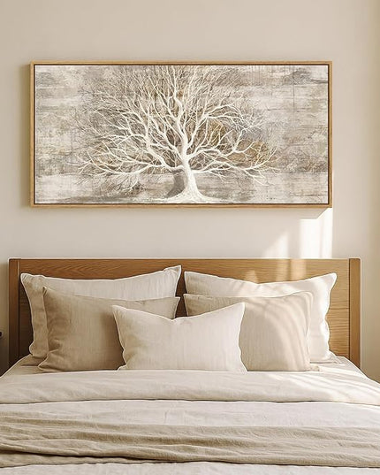 Framed Vintage Tree of Life Wall Art, Neutral Rustic Farmhouse Tree Canvas Painting Print Artwork for Walls, Gray White Beige Modern Abstract Forest Picture for Living Room Bedroom Office Wall Decor