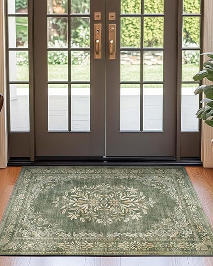 jinchan Green Floral 3x5 Area Rugs for Entryway - Machine Washable Vintage Distressed Design Low-Pile Soft Non-Shedding Christmas Carpet for Kitchen Bedroom Laundry Living Room (3x5ft, Dark Green)