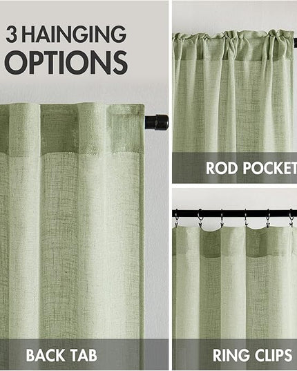 MIULEE Sage Green Linen Curtains 96 Inch Long for Bedroom Living Room, Soft Thick Linen Textured Window Drapes Semi Sheer Light Filtering Back Tab Rod Pocket Burlap Look Farmhouse Decor, 2 Panels