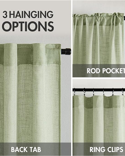 MIULEE Sage Green Linen Curtains 100 Inch Length 2 Panels for Bedroom Living Room, Soft Thick Linen Textured Window Drapes Semi Sheer Light Filtering Back Tab Rod Pocket Burlap Look Decor