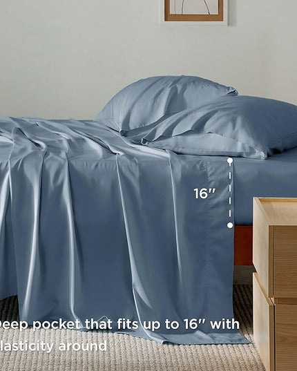 Bedsure Queen Sheet Set, Cooling Sheets for Queen Size Bed Set, Rayon Derived from Bamboo, Breathable & Soft, Deep Pocket, Hotel Luxury Silky Bedding for Hot Sleepers, Dusty Blue