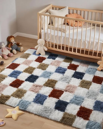 Ophanie Checkered Rainbow Rug for Living Room Bedroom, Colorful Fluffy Soft Cute Fuzzy Area Rugs, Shag Plush Shaggy Bedside Floor 4x6 Furry Carpet for Kids Baby Teen Dorm Nursery Home Decor Aesthetic
