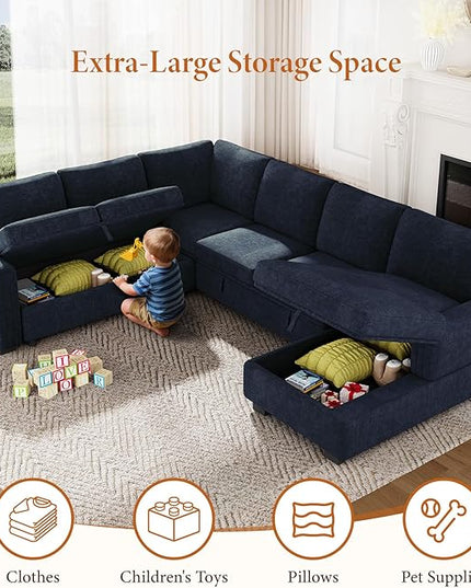 Vesgantti 113.6" Pull Out Sofa Bed with Chaise, 7 Seater U Shaped Sleeper Sofa with Storage Chaise, Comfy Chenille Modular Sectional Couch for Living Room, Bedroom, Apartment, Blue