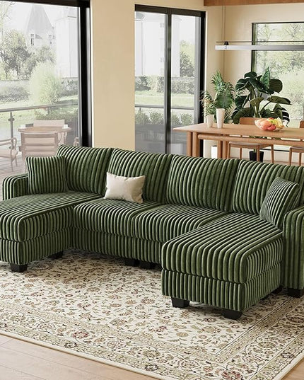 Belffin U Shaped Couch with Reversible Chaises Sectional Couches for Living Room Sectional Couch with Ottomans Corduroy (Green, U Shaped)