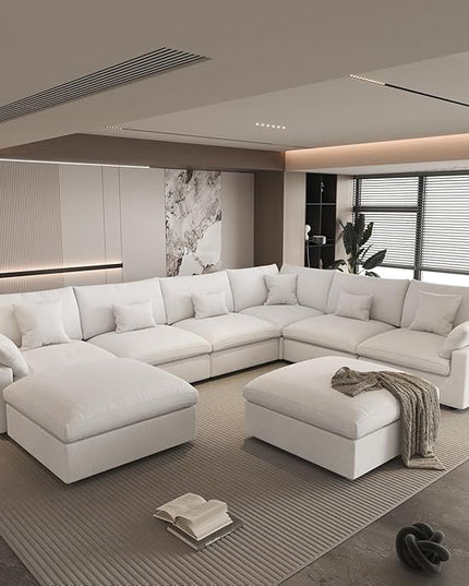 Cloud Couch Modular Sectional Sofa,156" Oversized U Shaped Couch with Ottoman,Down Filled 8 Seater Convertible Sofa Bed Living Room Set,Covers Washable&Replaceable (White)