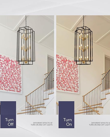12-Light Lantern Tiered Pendant Light Fixtures, Black Metal Farmhouse Chandelier Hall Foyer Hanging Chandelier for Kitchen Island Dining Room Living Room Foyer Entryway, Black+Gold