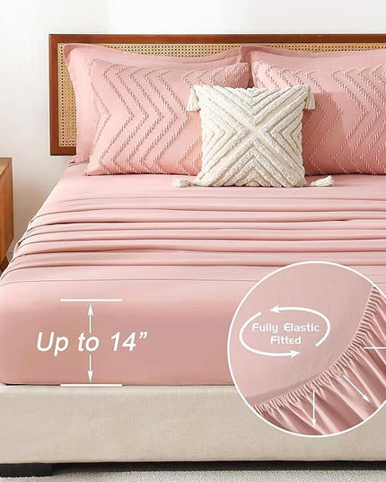 Litanika Blush Pink Full Size Comforter Set with Sheets - 7 Pieces Bed in a Bag Full Boho Tufted Complete Bedding Sets with Comforter, Sheets, Pillowcases & Shams