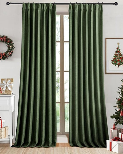 IVAPUPU Linen Pinch Pleated Full Blackout Curtains for Bedroom - 2 Pages Black Out Green Curtains 63 Inch Long 2 Panel for Living Room Darkening Thermal Window Curtain Drapes with 16pc Hooks