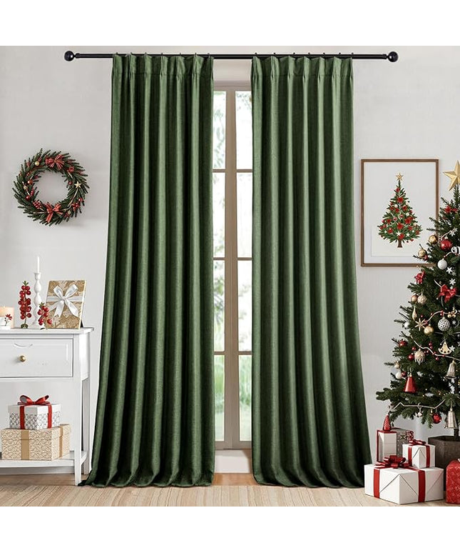 IVAPUPU Linen Pinch Pleated Full Blackout Curtains for Bedroom - 2 Pages Black Out Green Curtains 63 Inch Long 2 Panel for Living Room Darkening Thermal Window Curtain Drapes with 16pc Hooks