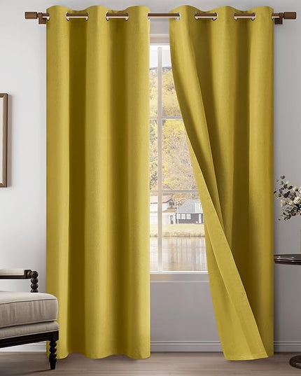 Gold 100% Blackout Linen Textured Curtains 84 Inch Length 2 Panels Set for Living Room, Bedroom, Full Blackout Curtains with Grommets Top, Gold, 37" W x 84" L, 2 Panels
