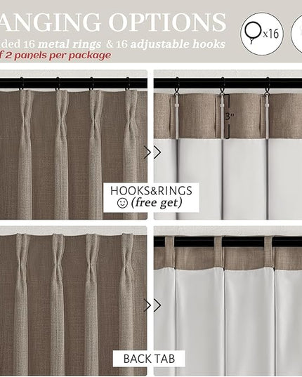 Textured Linen Blackout Curtains 90 Inches Long for Dining Room, Pleat Dark Flax Thermal Insulated Window Drapes Room Darkening Floor Length 90 Inch Curtain 2 Panel Set with Metal Rings