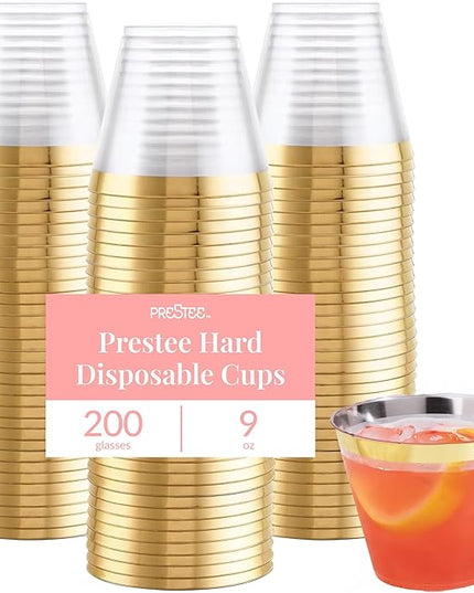 Prestee Hard Disposable Cups - Heavy Duty Fancy Plastic Cups - Plastic Cocktail Drinkware - Disposable Drinking Cup 9 oz - Bulk Drinking Glasses for Wedding - 200ct Gold Tumblers