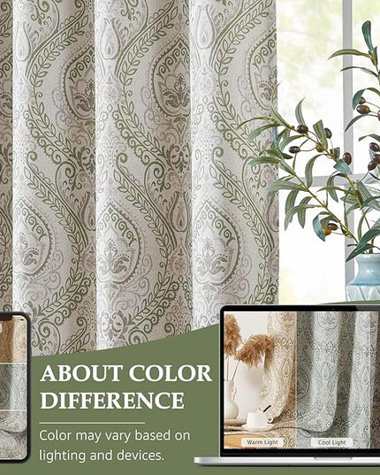jinchan Sage Green Curtains for Living Room Darkening 84 Inch Length, Linen Textured Medallion Drapes for Bedroom, Damask Pattern Window Treatments Vintage Curtain Panels, 2 Panels Green