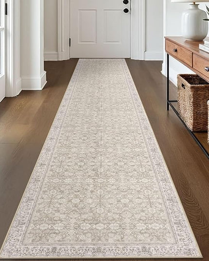 2x12 Washable Runner Rug for Kitchen, Cream Beige White Grey Soft Classic Runner with Non-Slip, Non-Shedding Distressed Floral Rug for Hallways Entryway Bedroom Laundry Indoor