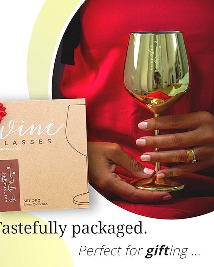 Gusto Nostro Stainless Steel Wine Glass - 18 oz Unbreakable Gold Wine Glasses for Travel, Camping and Pool - Fancy, Unique and Cute Portable Metal Wine Glass for Outdoor Events, Picnics (Set of 2)