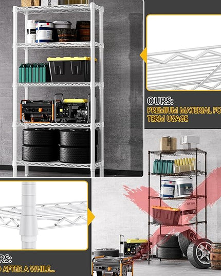 1250 lbs 5 Tier Shelf Metal Storage Shelves Wire Rack Closet Organizers for Garage Kitchen Bathroom Laundry White 11.8" D x 29.5" W x 59.5" H