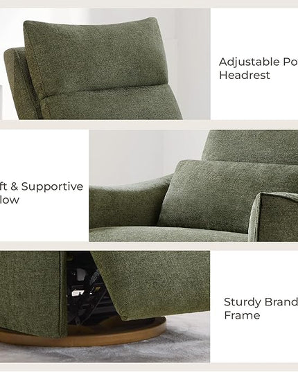 CHITA Swivel Rocker Recliner Chair, Power Nursery Glider Recliner, Nursery Rocking Chair with Adjustable Power Headrest, FSC Certified, Solid Wood Base, Moss Green