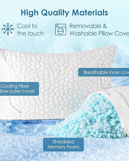 Cooling Pillows Queen Size Set of 2 Shredded Memory Foam Pillows for Side Back Stomach Sleepers, Two-Sided Cool Adjustable Firm or Soft Bed Pillow Luxury Gel Neck Pillow for Neck Shoulder Pain Relie
