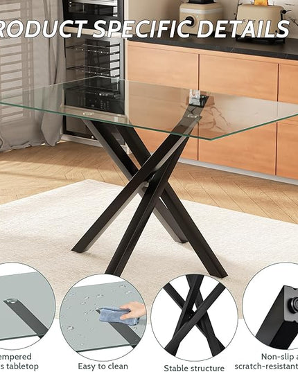 51.18 Inch Glass Dining Table, Rectangular Kitchen Glass Table for 4 People, Modern Dining Room Table for Dinner Kitchen Dining Room(Black)