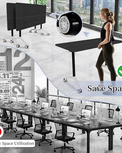 Conference Table, Folding Conference Room Tables on Wheels, Modern Meeting Seminar Table Computer Desk, Boardroom Desk for Office Meeting Conference Room,White,6 Pack 63inch