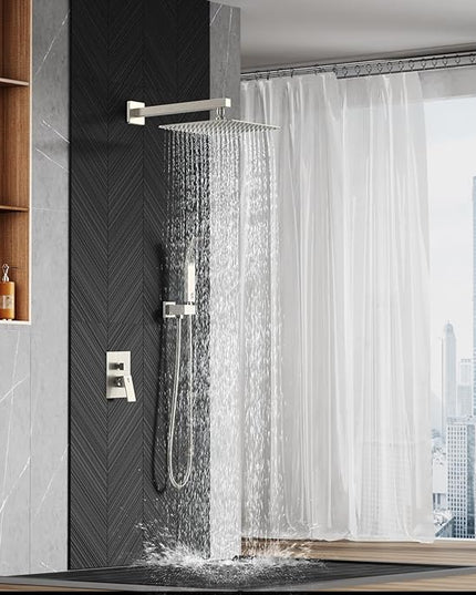 SR SUN RISE 12 Inches Bathroom Luxury Rain Mixer Shower Combo Set Wall Mounted Rainfall Shower Head System Brushed Nickel Finish Shower Faucet Rough-In