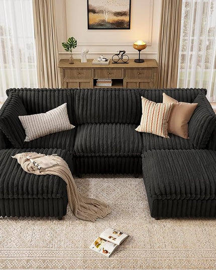 KKL Modular Sectional Couch for Living Room, U Shaped Corduroy Couches with 2 Ottomans, 5 Seater Oversized Sofa Convertible to L Shaped, Soft Fabric Modern Sofa, Black