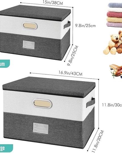 Large Linen Fabric Foldable Storage Bins with Removable Lid and Handles, Washable Storage Box Organizer Containers Baskets Cube with Cover for Bedroom,Closet,Office(Coffee&Cream, Large)