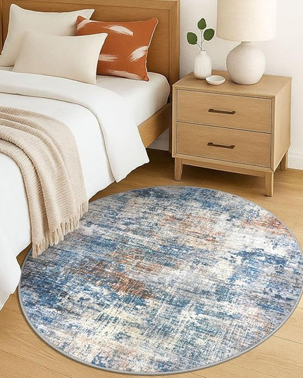 IOHOUZE Round Area Rug 5 Ft Circle Entryway Rugs Round Washable Door Mat Indoor Entrance, Non Slip Circle Front Door Rug, Printed Abstract Faux Wool Floor Carpet for Foyer Porch Sink, Blue Rust