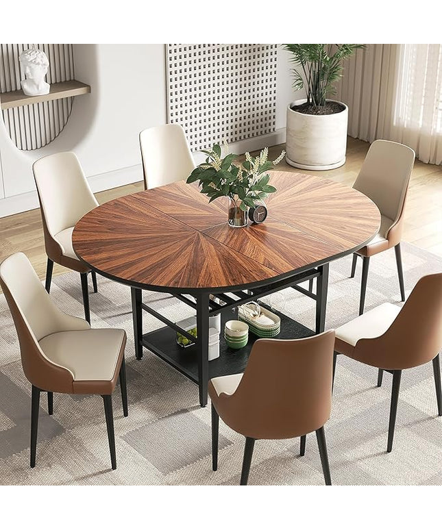 VFK 47.2"-63" Extendable Round Dining Table Set for 4–6, Solid Wood & Metal Table with Wine Rack Storage Shelf, Walnut Kitchen Furniture with 6 Upholstered Chairs (Storage Table and 6 Brown Chairs)