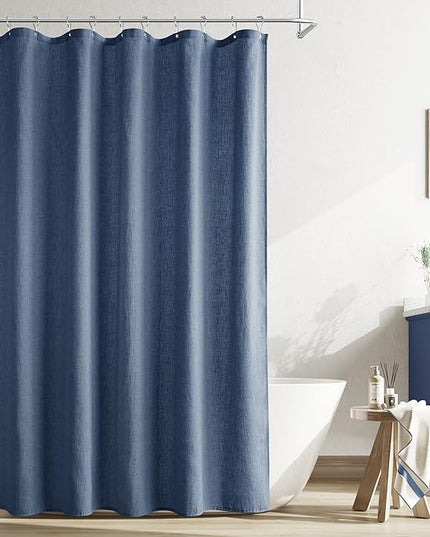 Naturoom Vintage Blue Linen Shower Curtain, Country Boho Farmhouse Bath Decor Shower Curtains Neutral Cloth Weighted Textured Fabric Bath Curtain Liner with Hooks, 72x78