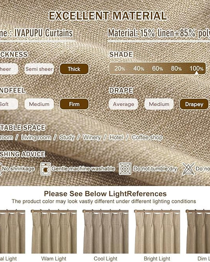 IVAPUPU Sand Pinch Pleated Full Blackout Linen Curtains for Bedroom, Black Out Curtains 95 Inches Long for Living Room Darkening Thermal Insulated Neutral Pleat Drapes with 16 Hooks, 2 Panels