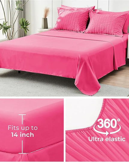 HYMOKEGE Hot Pink Twin Comforter Set Seersucker 5 Pieces, All Season Luxury Bed in a Bag for Bedroom, Bedding Set with Comforter, Sheets, Pillowcase & Sham