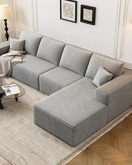 135.4" Cloud Modular Sectional Sofa Couch with L-Shape Chaise,Modern Minimalist Upholstered Couches for Living Room Bedroom,Deep Seat Corner Couch，No Assembly Required (Grey,Right Facing Chaise)