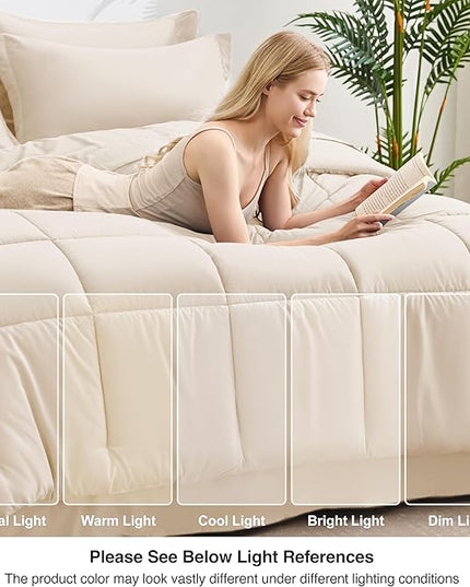 Love's cabin King Size Comforter Set Beige, 7 Pieces King Bed in a Bag, All Season Bedding Sets with 1 Comforter, 1 Flat Sheet, 1 Fitted Sheet, 2 Pillowcase and 2 Pillow Sham