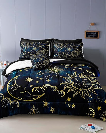 Merryword 8 Pieces Universe Bed in a Bag Sun and Moon Comforter Set Full Size Galaxy Bedding Blue Gold Moon Star Pattern Bohemian Gothic Comforter Set for Boys Girls Women