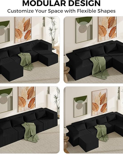 Minimalist Modular Corduroy Cloud Couch Sectional – Oversized Boneless Memory Foam Sofa for Living Room, Modern Comfy Couch, No Assembly Needed（130" U Shaped Boneless Sofa 5-Seater + 1*Ottoman,Black）