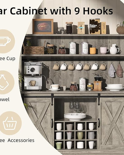 55'' Farmhouse Coffee Bar Cabinet with 3 Tier Storage Hutch, Coffee Bar Station with Sliding Barn Door, Hutch Storage Cabinet with 12 Wine Racks & 9 Hooks for Kitchen Dining Living Room