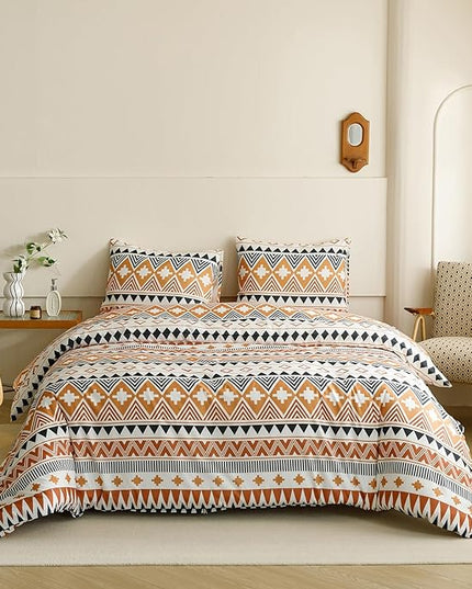 Houseri Orange Boho Comforter Set Queen Rust Aztec Bedding Sets Queen Size Yellow Geometric Bohemian Striped Christmas Warm Soft Cozy Comfy Bed Quilts Blankets Queen