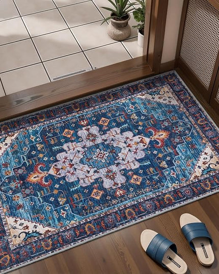 Ciicool Washable Vintage Area Rug, 2x3ft Small Boho Rug, Ultra Soft Rugs for Entryway, Non-Slip Entry Rugs Oriental Low-Pile Indoor Mat Floor Carpet for Entrance Bedroom Kitchen Bathroom Foyer Decor