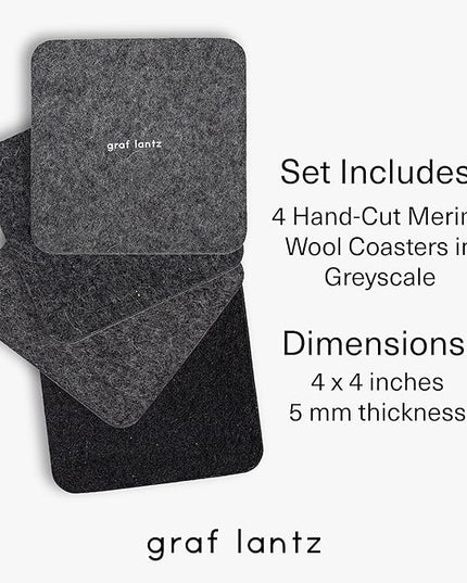 Graf Lantz - Bierfilzl Merino Wool Square Coasters Set of 4 - Greyscale (4"x4"x5mm) - Absorbs 30% Weight, Natural German Wool - Heat Resistant, Sustainable, Reusable - Home Decor, Coffee Table Decor