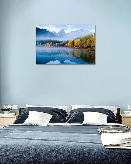 SKASNFAI Lake Canvas Wall Art National Park Forest Mountains Painting Artwork Nature Prints Poster Framed for Living Room Bedroom (16x24 inch)