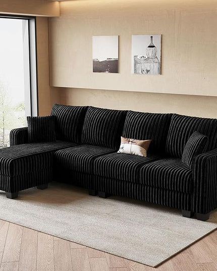 Belffin Sectional Couch with L-Shape Chaise L Shaped Couch with Ottoman Sectional Couches for Living Room Corduroy (Black, L Shaped)