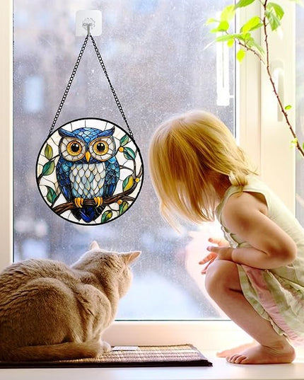 Stained Glass Window Hanging, Owl Gifts for Women Sun Catchers Diamond Glass Panel Hangings Birds Suncatcher Decor for Birthday for Women, Men, Wife, Aunt, and Mom 11.8x11.8 in