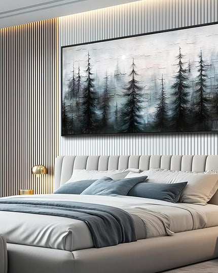 XIGUANGART Misty Forest Canvas Wall Art Nature Landscape Pictures Farmhouse Abstract Tree Watercolour Painting Wall Decor Living Room, Bedroom Home Office Decorations Artwork Black Framed Large 60x30