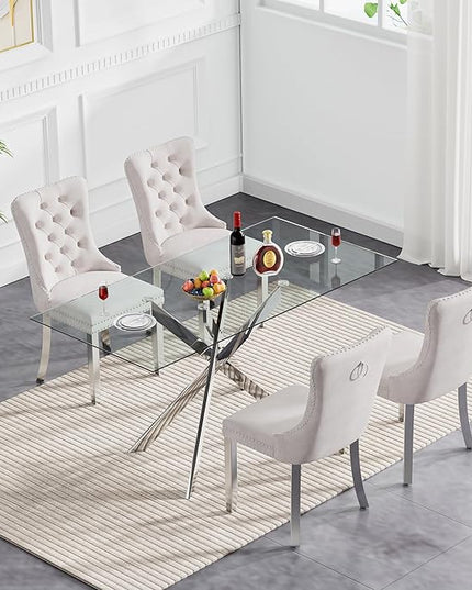 51" Glass Dining Table Set for 4, Modern Dining Room Table Set for 4, Silver X-Shape Pedestal Glass Table with 4pcs Beige Dining Chairs, 5 Piece Dining Set for Dining Living Room