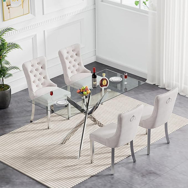 51" Glass Dining Table Set for 4, Modern Dining Room Table Set for 4, Silver X-Shape Pedestal Glass Table with 4pcs Beige Dining Chairs, 5 Piece Dining Set for Dining Living Room