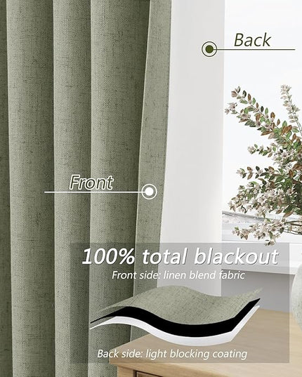 Sage Green Linen Blackout Curtains 45 Inch Length 2 Panels Set for Living Room Bedroom Back Tab Thermal Insulated 100% Black Out Linen Drapes Room Darkening Window Curtains 45 Inches Long