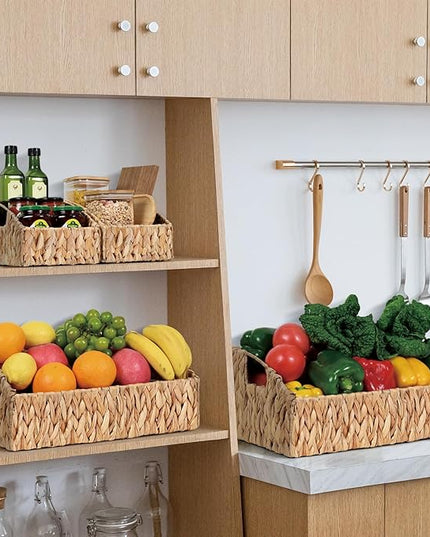 Ollieroo Natural Water Hyacinth Storage Baskets, Handwoven Wicker Storage Bins with Built-in Handles, Storage Container Baskets for Shelves, Bedroom, Bathroom, Laundry Room or Kitchen(Set of 3)